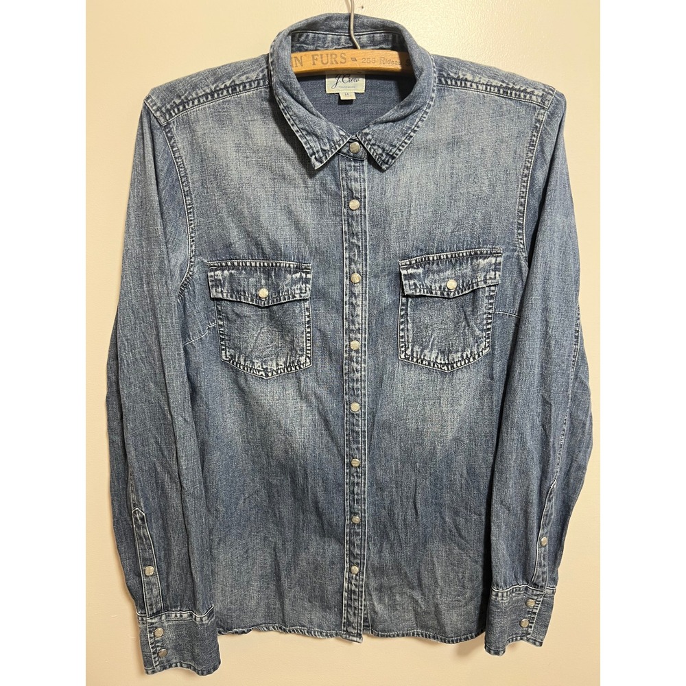 J.Crew Women Denim Western Shirt Medium Wash Blue Snap Front Size 14 Long Sleeve